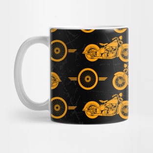 Vintage motorcycle and bike wheel vector set collage with Vibrant golden and black colors and worn out effect pattern Mug